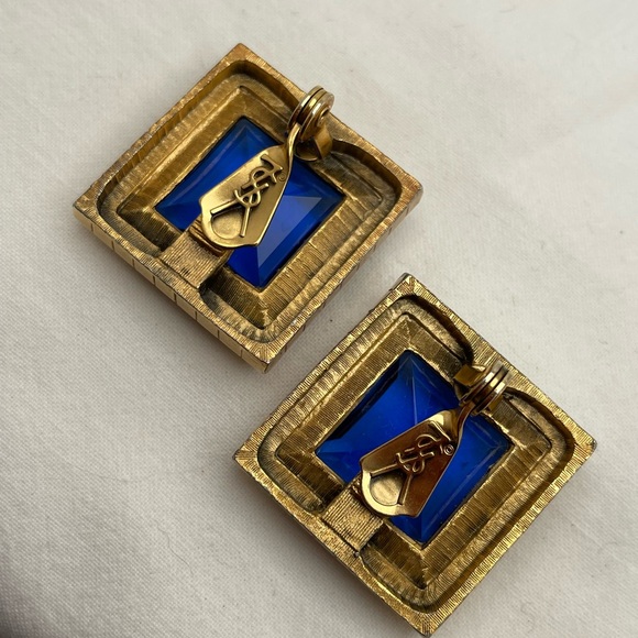 Vintage Yves St Laurent Clip on Blue Glass Runway Earrings - Picture 3 of 4